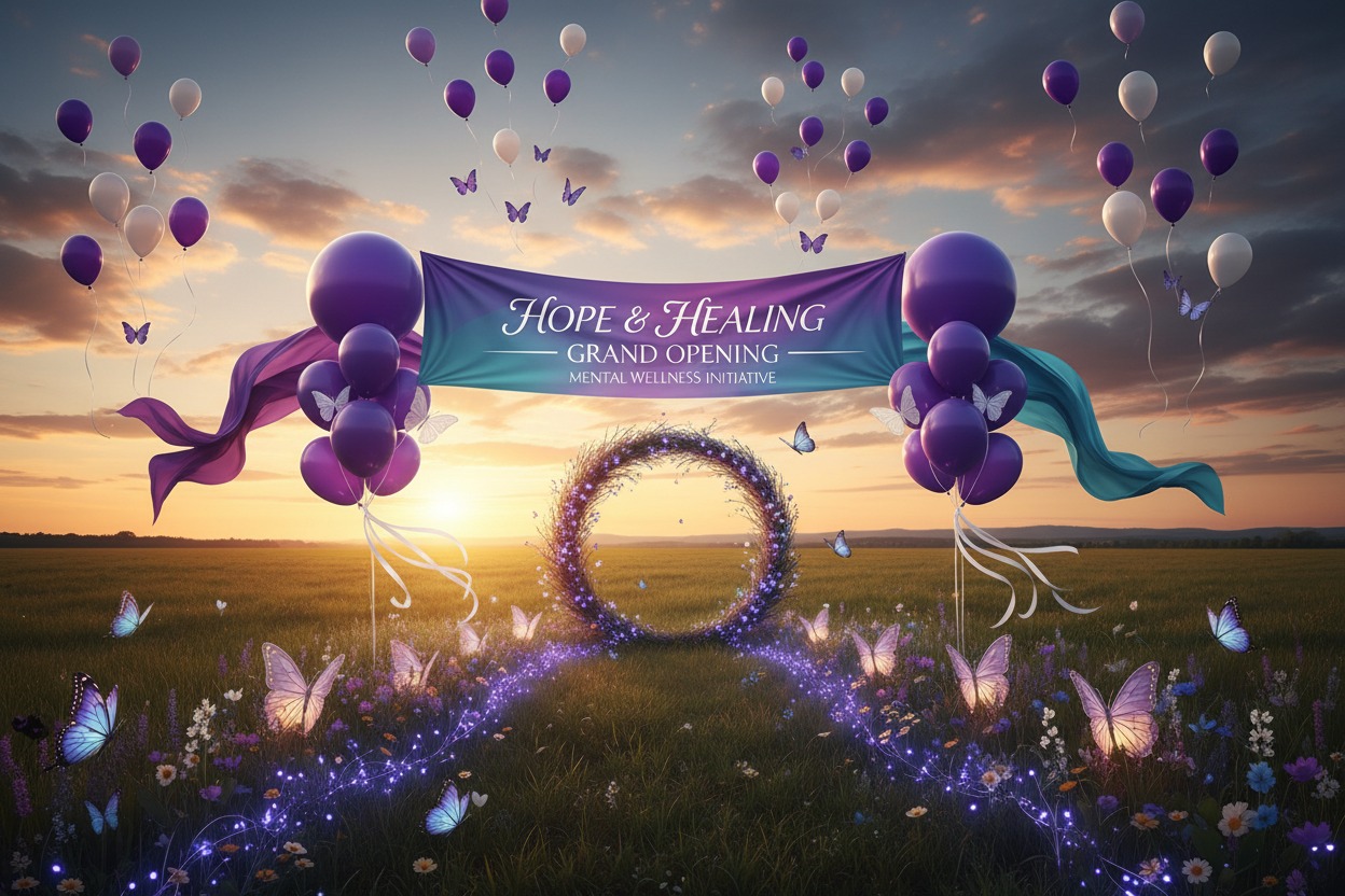 A banner reading "Hope & Healing Grand Opening" hangs over a floral wreath in a field at sunset, surrounded by purple and white balloons and glowing butterflies.